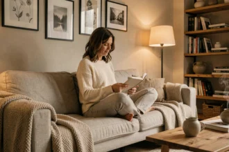 Femme lisant sur un canapé en lin dans un salon chaleureux avec lampe de sol et décoration scandinave