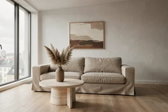 Salon minimaliste scandinave avec canapé en lin beige, table basse en travertin et vase en céramique sur parquet chêne clair