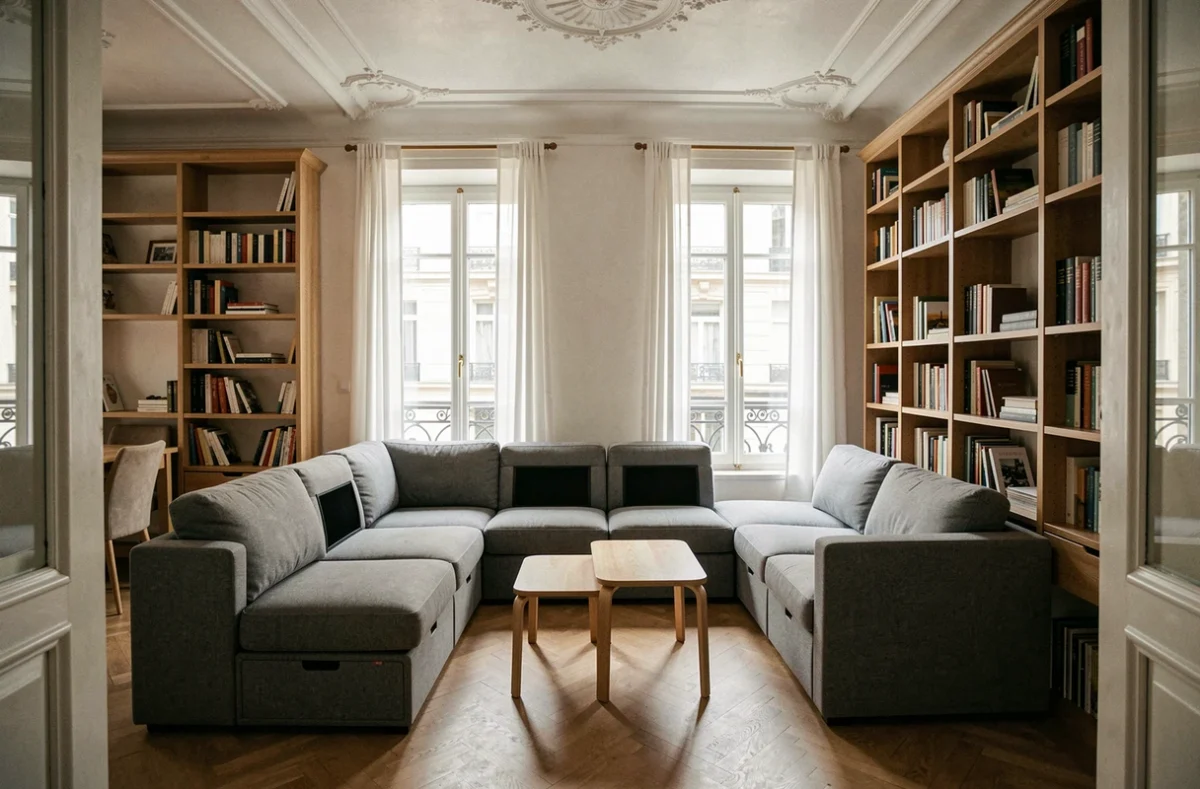Salon de petit appartement optimisé avec canapé modulaire, tables gigognes et bibliothèque murale du sol au plafond