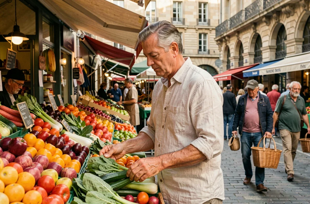 Commerçant arrangeant des produits frais sur un marché extérieur à Lyon représentant le commerce de détail en France