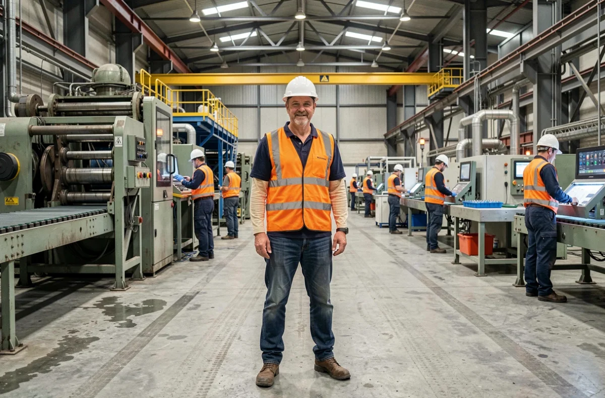 Ingénieur dans une usine industrielle française illustrant le secteur manufacturier
