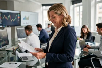 Femme d'affaires dans un bureau parisien moderne représentant le secteur des services en France