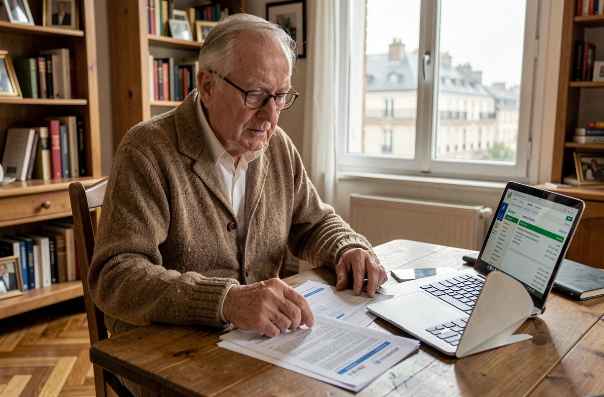 Homme âgé consultant des documents sur les tarifs du gaz à son domicile, face à l'évolution des prix réglementés