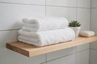 Pile de trois serviettes blanches soigneusement pliées sur une étagère en bois minimaliste dans une salle de bain épurée