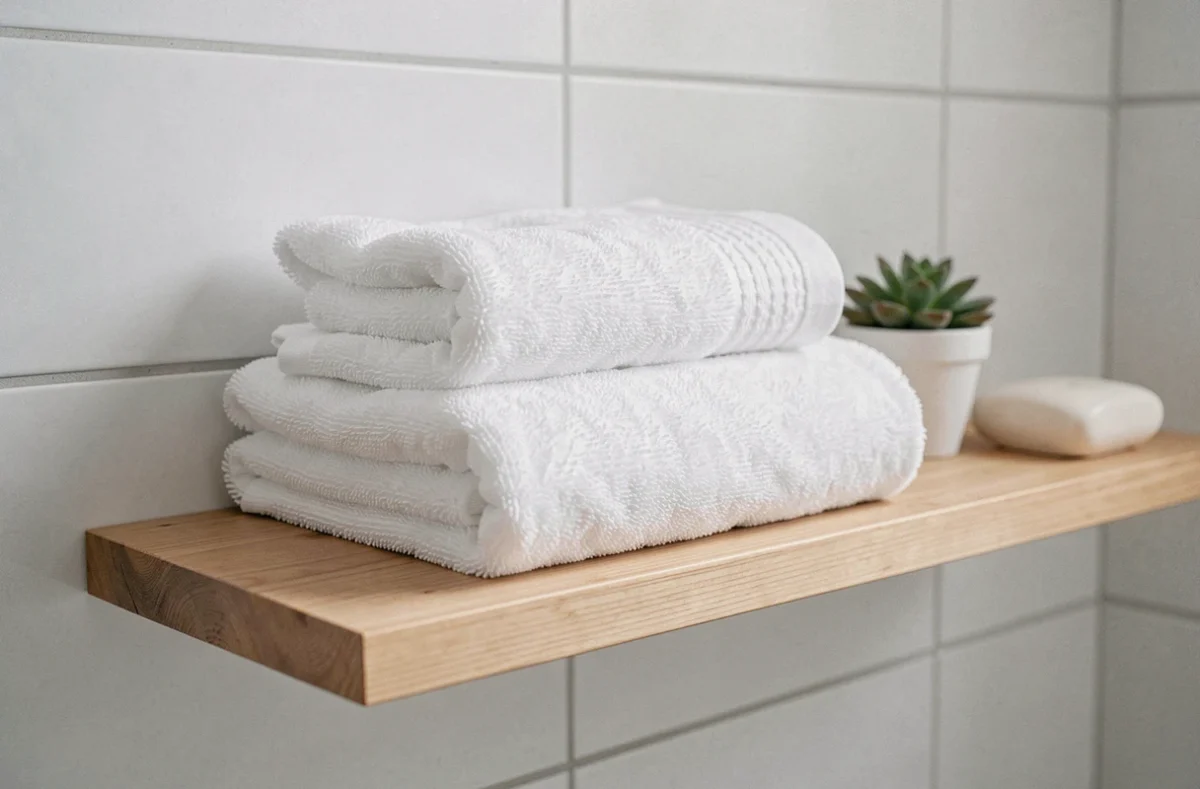 Pile de trois serviettes blanches soigneusement pliées sur une étagère en bois minimaliste dans une salle de bain épurée