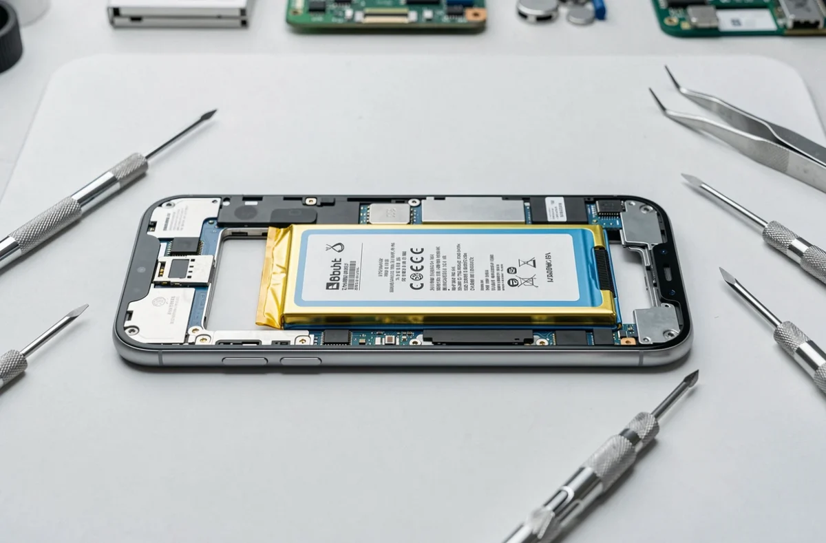 Smartphone démonté révélant sa batterie solide interne sur un bureau d'atelier électronique minimaliste