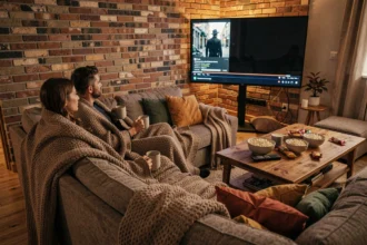 Couple installé sur un canapé avec couvertures et popcorn pour une soirée cinéma maison