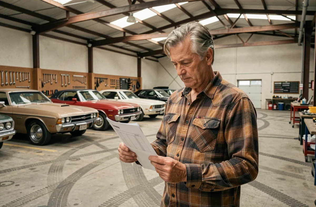 Spécialiste en rachat de voitures anciennes évaluant des véhicules classiques dans un garage entrepôt