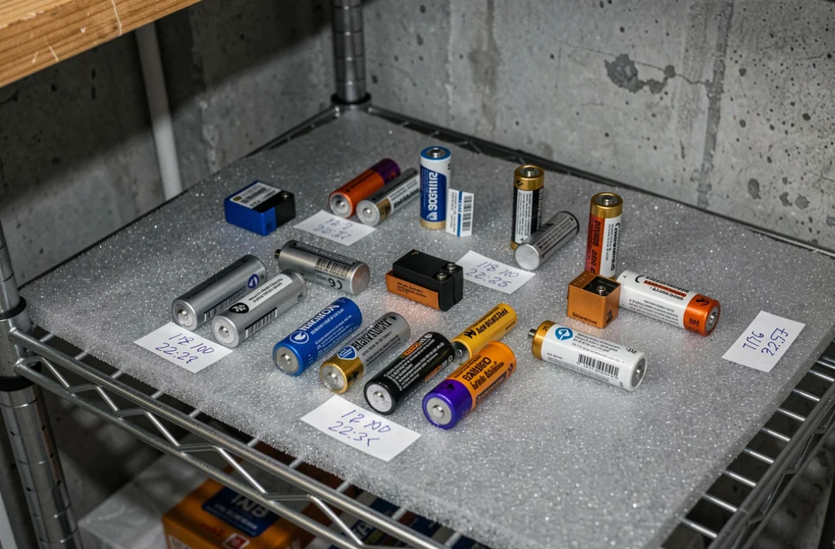 Vue aérienne de différents types de piles et batteries stockées sur un tapis en mousse antistatique avec étiquettes de date dans une réserve
