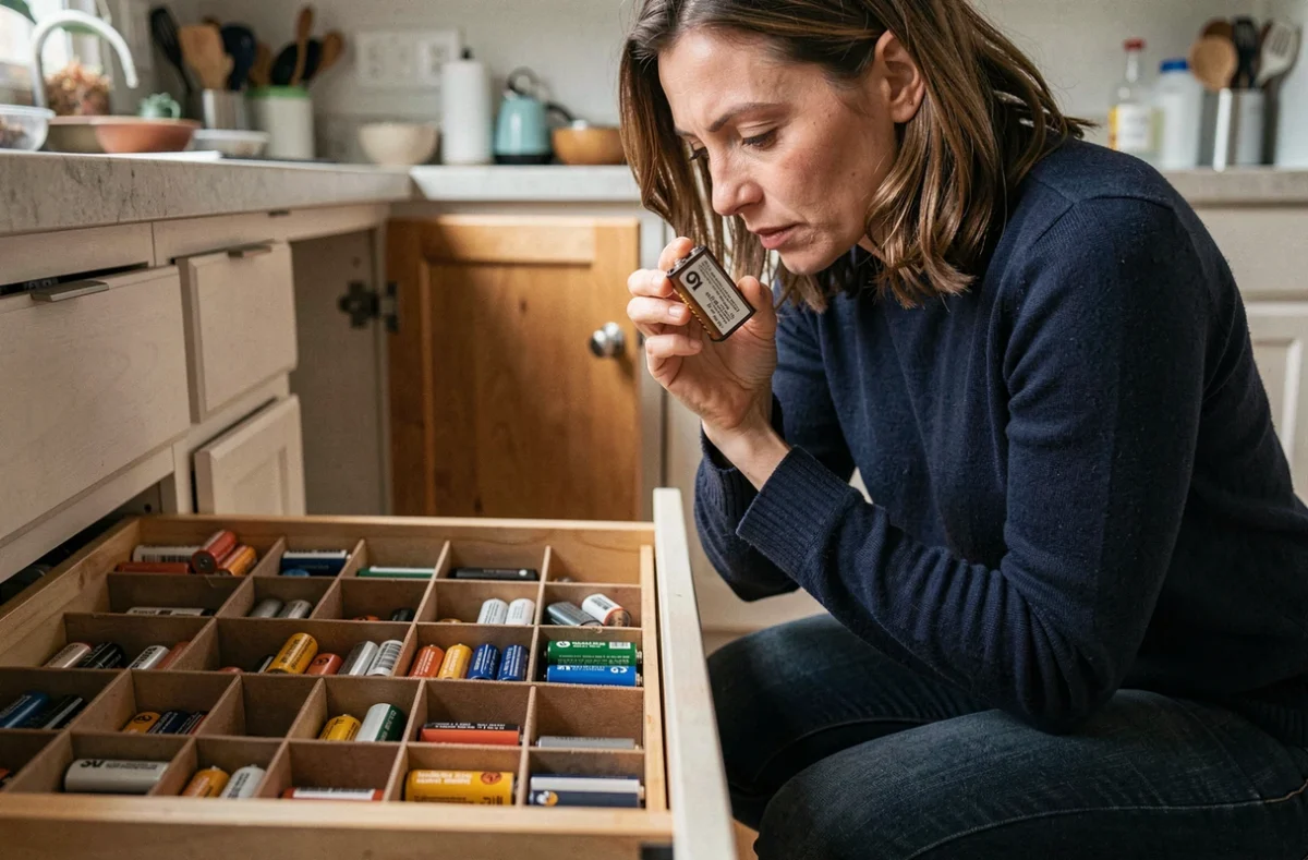 Femme inspectant une pile 9V dans un tiroir de cuisine organisé avec différents types de piles triées par catégories