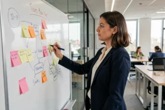 Femme professionnelle en blazer marine élaborant une stratégie marketing sur un tableau blanc dans un bureau moderne