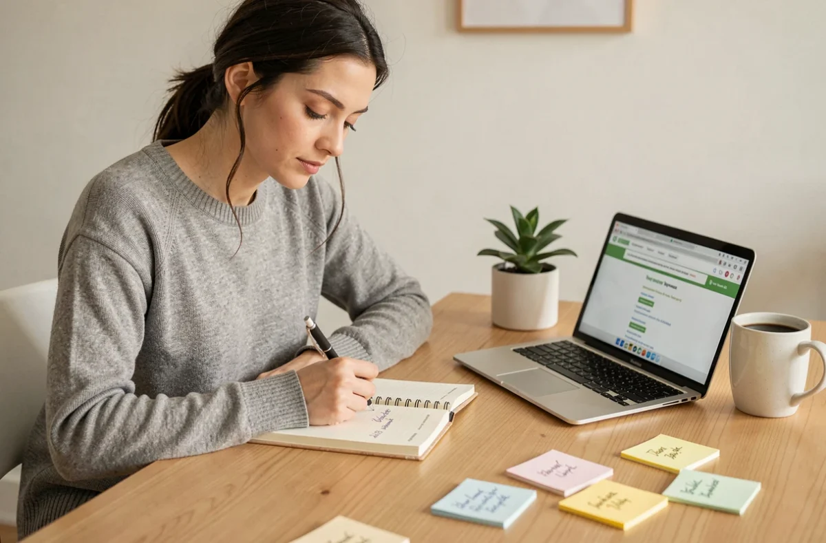 Femme cherchant le synonyme du mot genre sur un ordinateur portable dans un bureau à domicile avec un carnet de notes ouvert