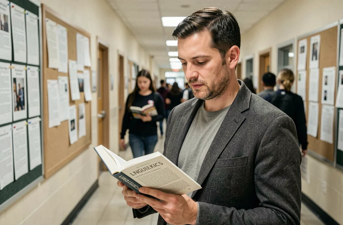 Homme lisant un livre de linguistique dans un couloir universitaire cherchant les synonymes du mot genre