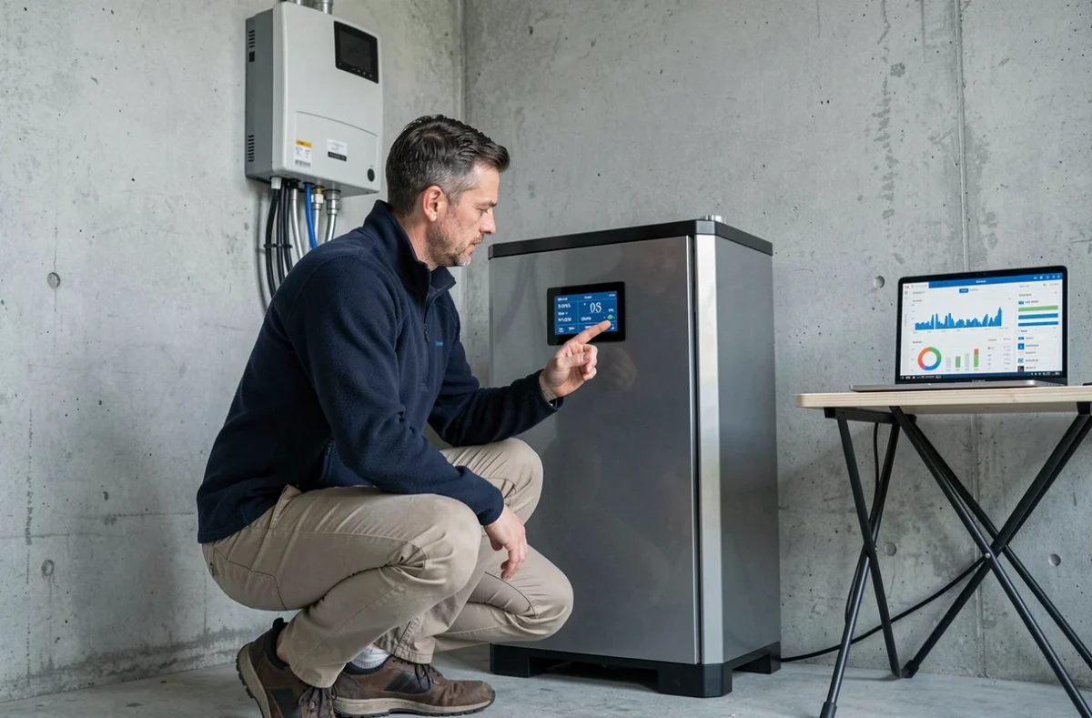 Technicien analysant un système de stockage d'énergie domestique optimisé par intelligence artificielle dans un garage résidentiel