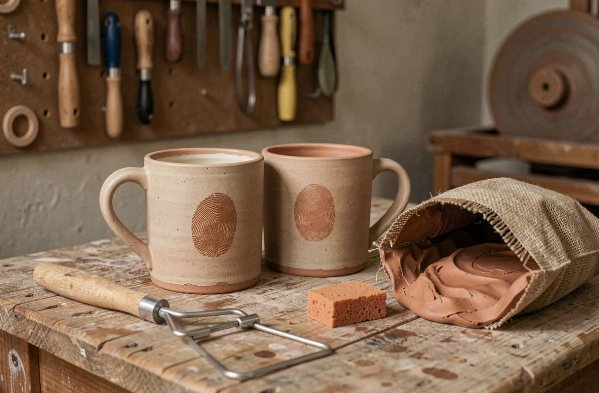 Tasses en argile crue et outils de poterie posés sur un établi en bois dans un atelier de céramique artisanal