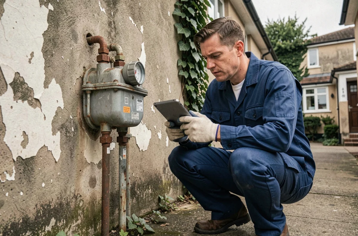 Technicien relevant un compteur de gaz extérieur, dans le contexte de la révision des tarifs réglementés du gaz