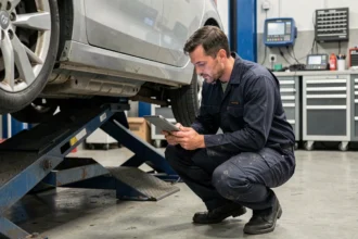 Technicien automobile inspectant le dessous d'un véhicule hybride lors d'un contrôle technique en garage professionnel