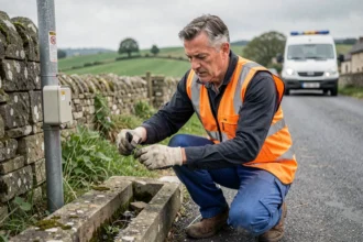 Technicien installant la fibre optique en bord de route dans un village rural français