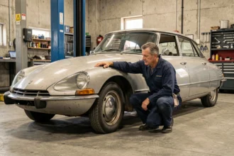 Technicien inspectant une voiture de collection Citroën DS dans un garage de contrôle technique