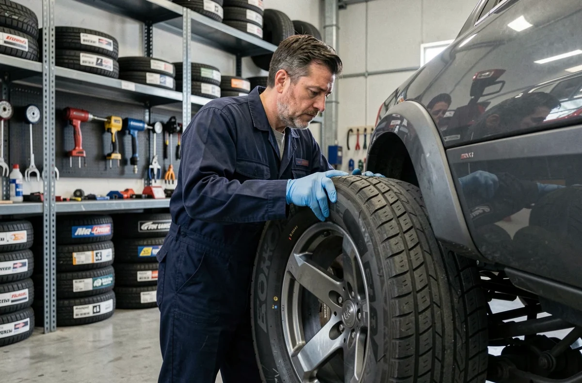 Technicien automobile montant un pneu quatre saisons sur un SUV surélevé dans un garage professionnel