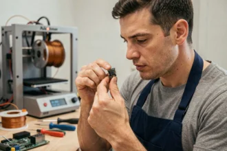 Technicien en atelier tenant une pièce électronique imprimée en 3D pour réparation
