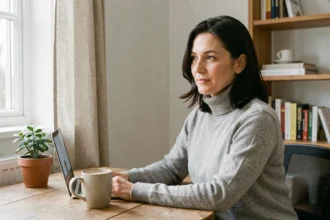 Femme en télétravail lors d'une visioconférence dans un bureau à domicile bien organisé au style scandinave