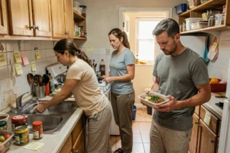 Trois colocataires dans une cuisine partagée trop petite, illustrant les tensions du quotidien en communauté