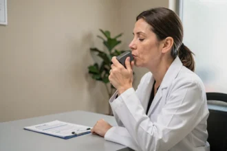 Femme effectuant un test de respiration avec un appareil médical dans un cabinet de consultation