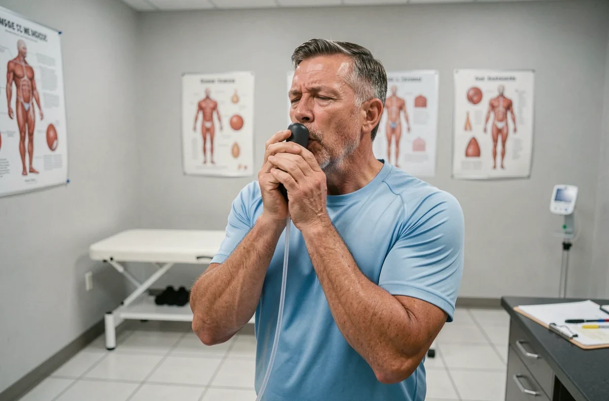 Homme réalisant un test de spirométrie en soufflant dans un spiromètre dans une clinique sportive