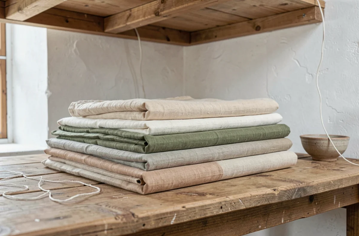 Piles de tissus en lin naturel aux tons neutres sable et sauge sur une table en chêne dans un atelier artisanal