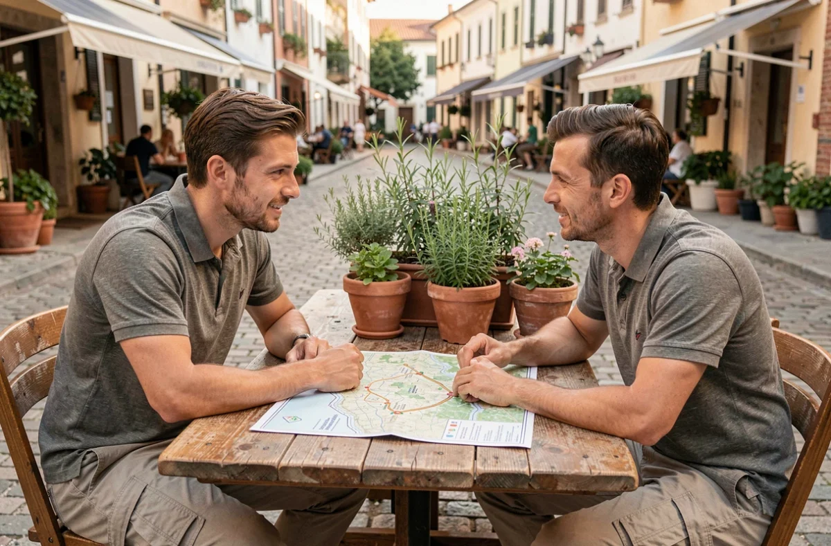 Touriste et guide local planifiant un circuit écotouristique autour d'une carte dans un café en plein air