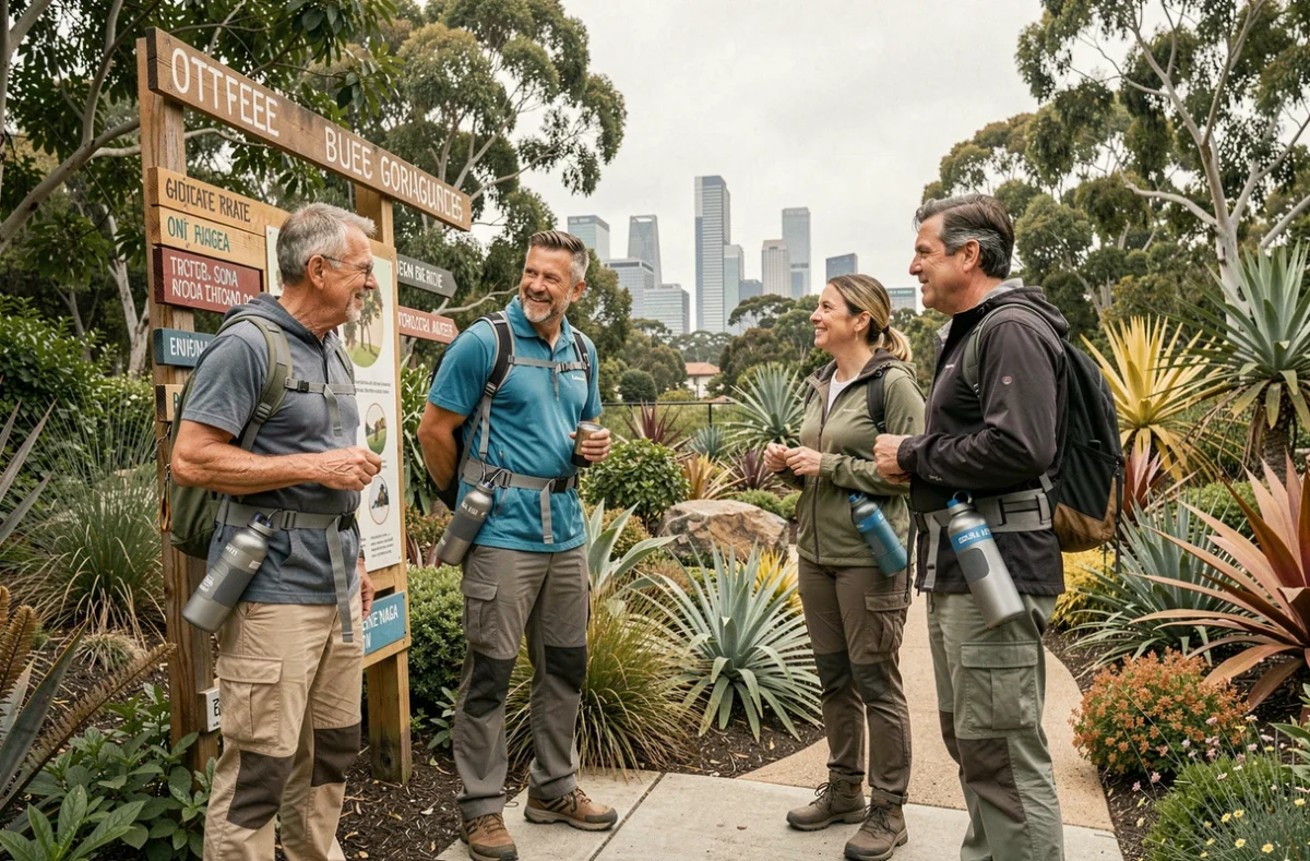 Groupe de touristes devant un panneau informatif dans un jardin botanique urbain engagé dans l'écotourisme