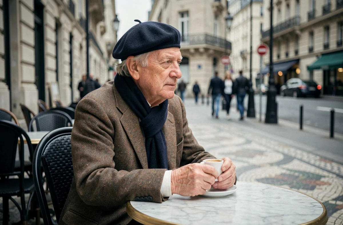 Vieil homme français en béret savourant un café espresso en terrasse d'un bistrot parisien typique