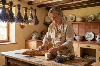 Femme française préparant un repas traditionnel avec baguette et fromages dans une cuisine provençale rustique