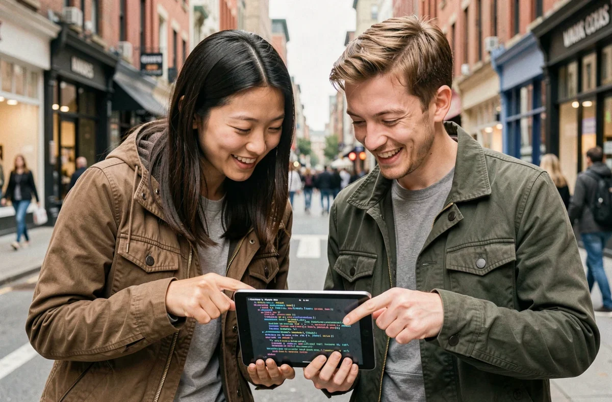 Deux personnes de cultures différentes utilisant une tablette pour communiquer grâce à la traduction en temps réel dans la rue