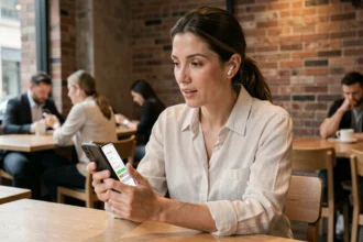 Femme utilisant une application de traduction en temps réel sur smartphone dans un café urbain