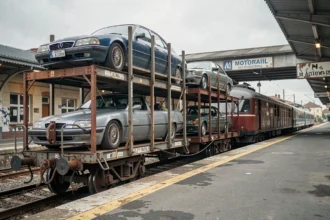 Train Motorail avec voitures chargées sur des wagons porte-autos dans une gare française