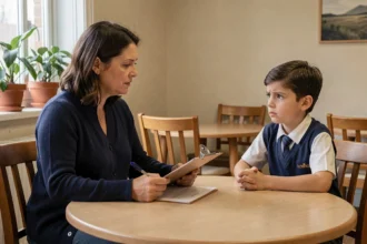 Travailleuse sociale en discussion avec un jeune garçon vulnérable dans un centre communautaire