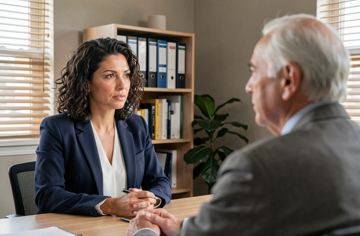 Assistante sociale en entretien avec un candidat senior à l'adoption dans un bureau professionnel