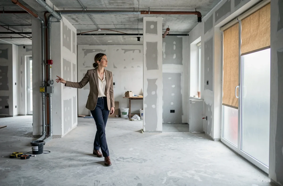 Femme urbaniste inspectant un local commercial en cours de transformation en appartement résidentiel avec travaux de plomberie visibles