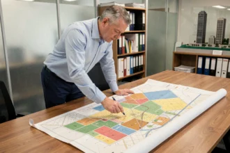 Urbaniste consultant un plan de zonage municipal étalé sur une table de réunion dans un bureau d'urbanisme