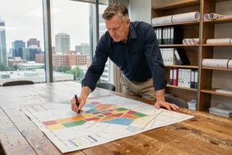 Urbaniste étudiant un plan de zonage municipal dans un bureau administratif avec vue sur la ville
