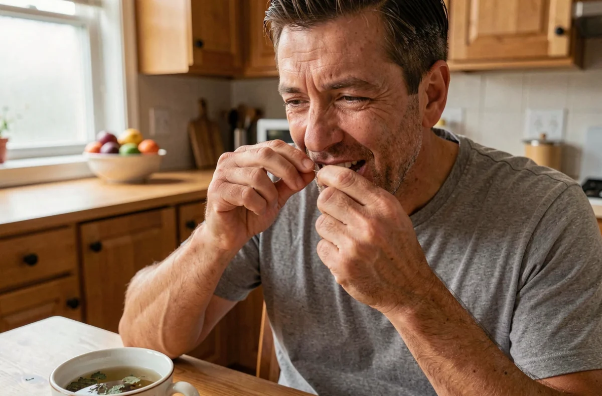 Homme utilisant du fil dentaire à la table de la cuisine, geste essentiel pour une hygiène dentaire quotidienne efficace