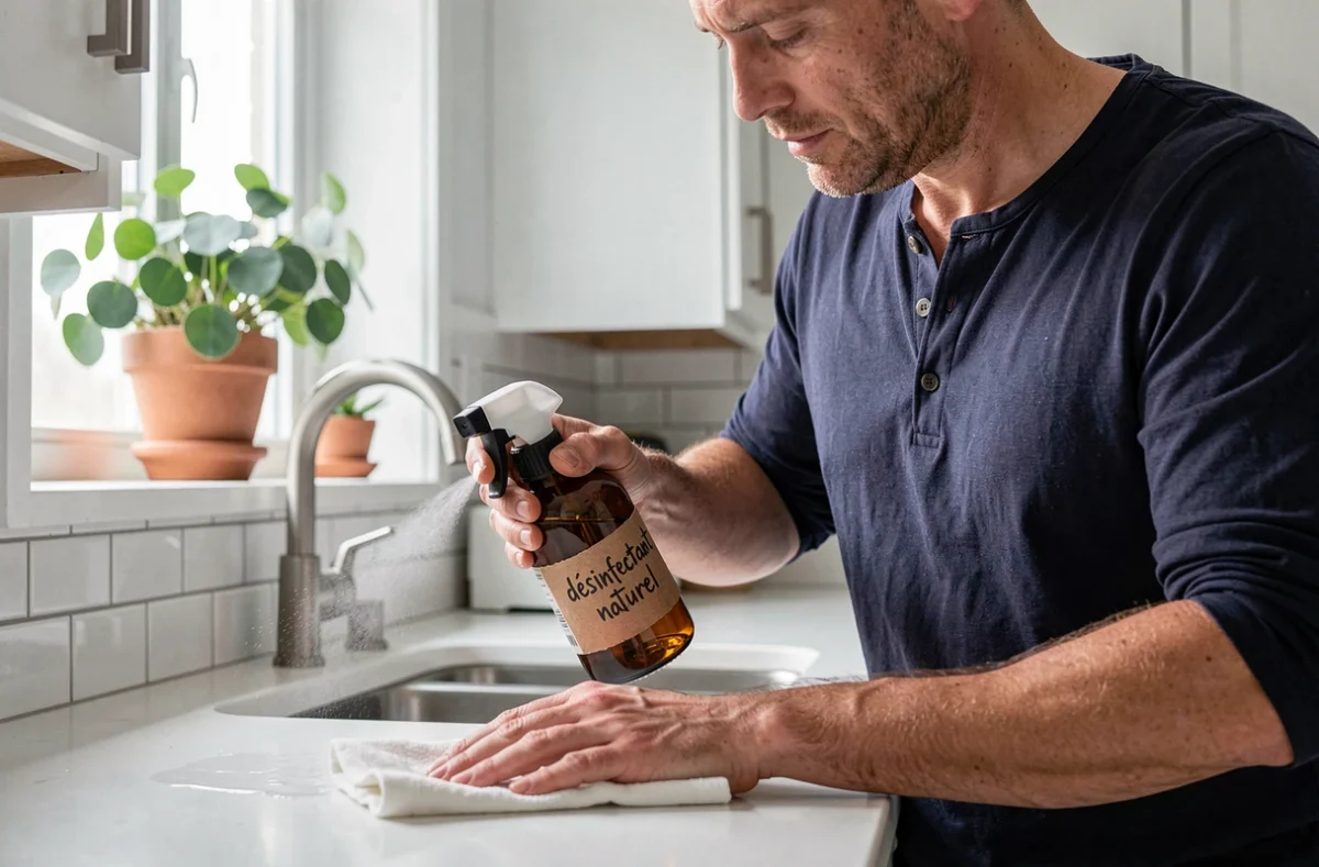 Homme utilisant un spray désinfectant naturel fait maison pour nettoyer un plan de travail de cuisine