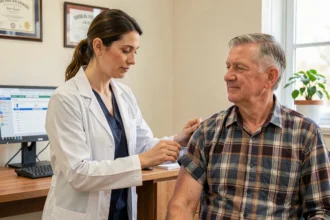 Médecin généraliste administrant un vaccin contre les infections hivernales à un patient adulte dans un cabinet médical