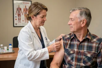 Médecin généraliste administrant un vaccin contre la grippe à un patient âgé dans un cabinet médical