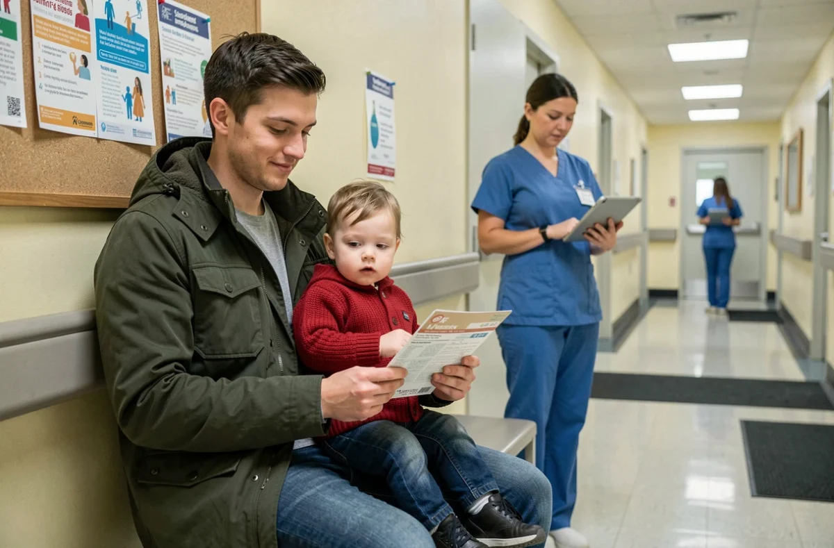 Père et jeune enfant attendant leur vaccination saisonnière dans un couloir d'hôpital avec une infirmière en arrière-plan