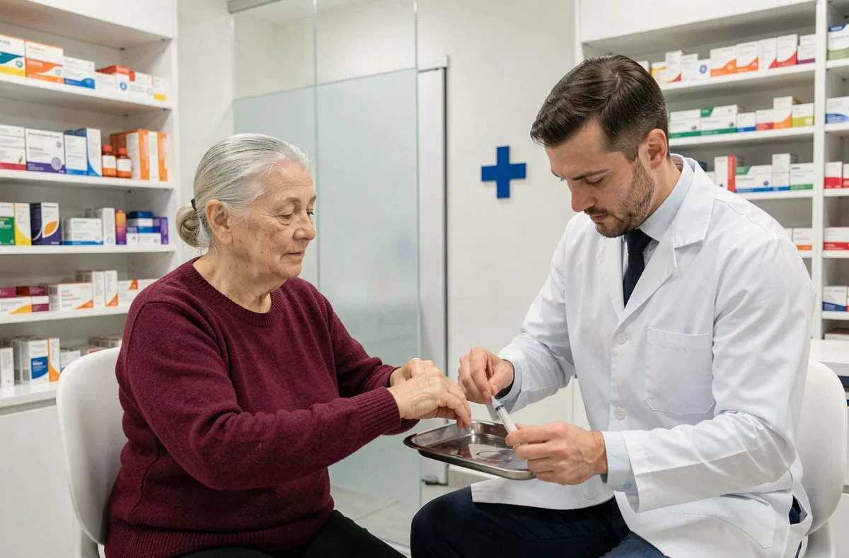 Femme âgée se faisant vacciner par un pharmacien dans une pharmacie moderne pour prévenir les maladies hivernales