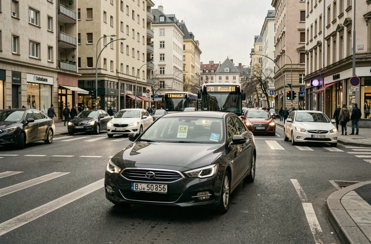 Rue urbaine européenne animée avec des véhicules conformes à la norme Euro 6c circulant en ville sous réglementation antipollution