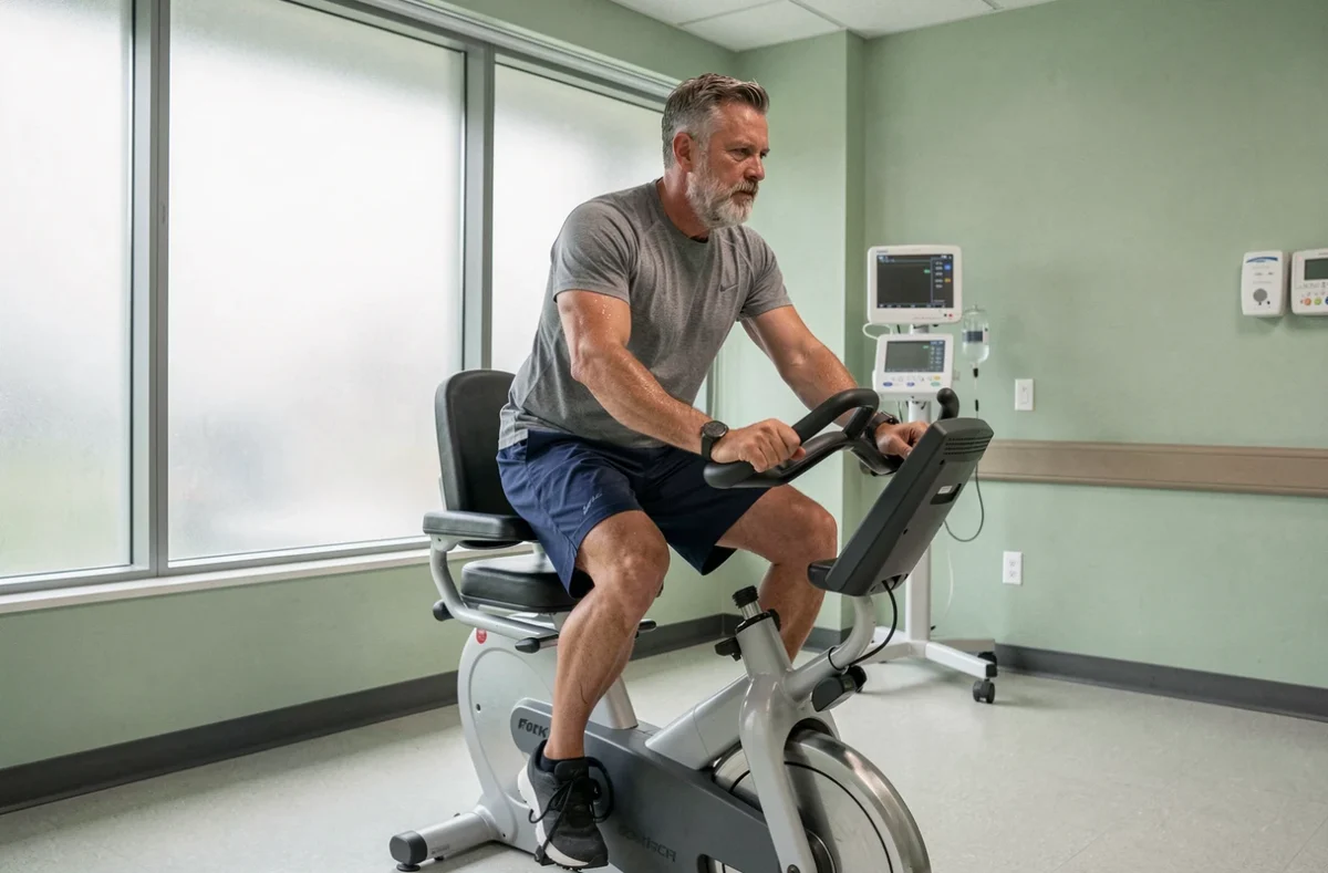 Patient masculin d'âge mûr effectuant un exercice de vélo couché en programme de réhabilitation respiratoire dans une salle de physiothérapie hospitalière